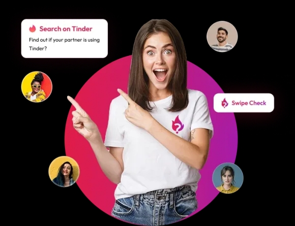 Woman pointing at Tinder profile search results on DoTheySwipe